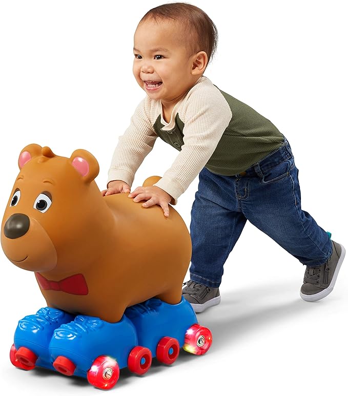 Kid Trax Silly Skaters Bear Toddler Foot to Floor Ride On Toy, Kids 1-3 Years Old, Soft and Inflatable, Single Rider, Light Up LED Rollerskates, Brown