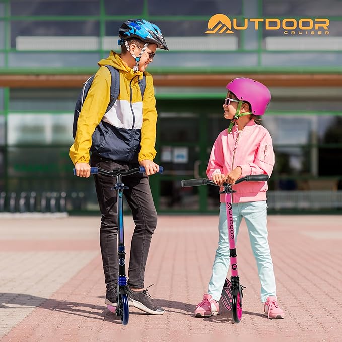 Outdoor Cruiser Kick Scooter for Ages 6+, for Kids, Teens, and Adults, Max Load 250 LBS, Foldable, 8-inch Big Wheels, Dual Suspension, 3 Adjustable Levels, Child Safety Approved, Yellow and Pink