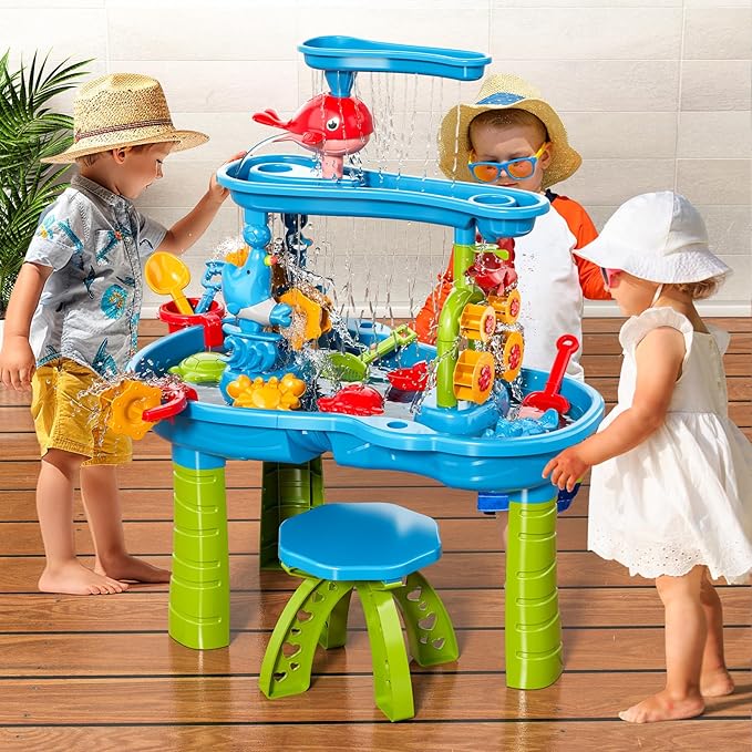 3-Tier Water Table for Kids Ages 3-5 4-8, Toddlers Outdoor Summer Water Table Beach Toys, Kids Activity Sensory Table Toddler Sand Box Play Table with Rain Showers Splash Pond for Boys Girls
