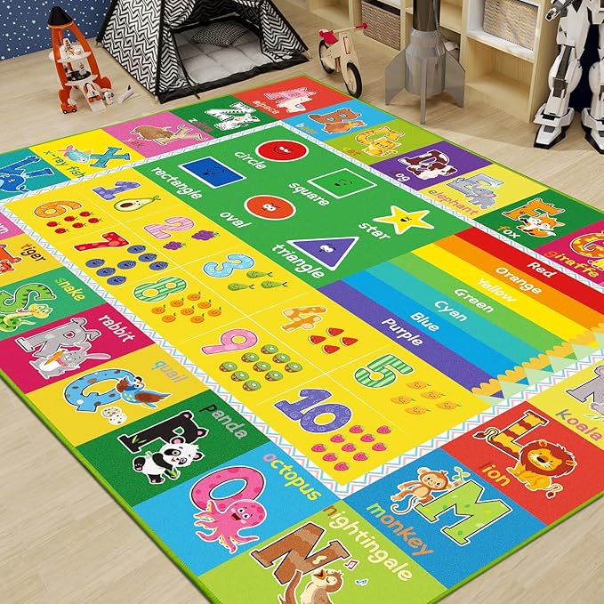 ABC Carpet, Kids Rugs for Playroom, Educational Play Mat for Kids, Preschool Rugs with ABC, Numbers, Animals Learning Rugs for Bedroom Playroom Classroom Baby Toddler Children (Yellow, 59X39.4 INCH)