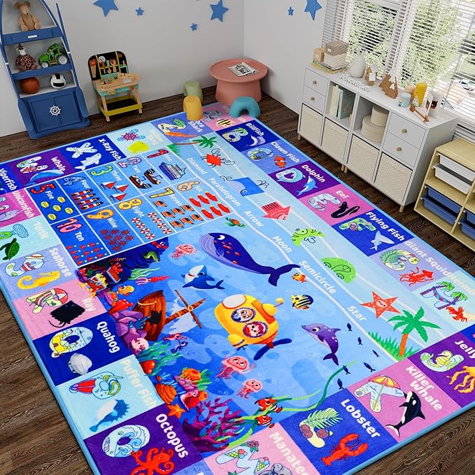 ABC Kids Rug for Playroom 59"×39.4" Ocean Rug Baby Play Mat Alphabet Carpet Sea Animal Number Shape Classroom Kids Playroom Mat Early Learning Carpet for Preschool Toddlers
