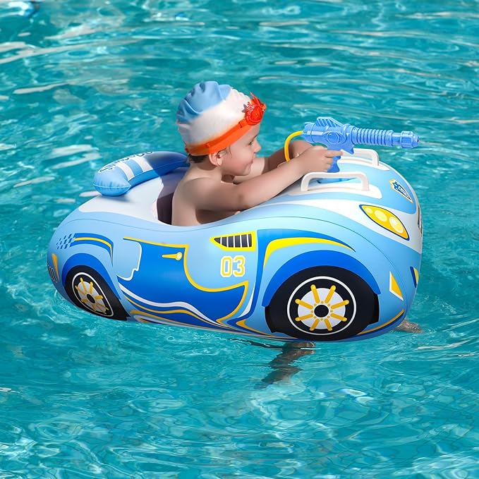 Swimbobo Toddler Pool Float Pink Inflatable Airplane Car Baby Swim Float with Water Gun and Safety Seat Pool Toys for Kids 3+ Years Old