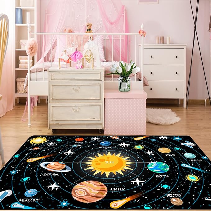 Universe Planet Area Rugs Outer Space Rugs for Boys Bedroom Educational Sofa Floor Mat Galaxy Solar System Theme Throw Rugs for Indoor Outdoor Carpets Crystal Polyester Mats Oversized, 5'×7'