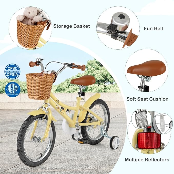 BABY JOY Retro Kids Bike, 12 14 16 18 Inch Child Bike for 3-8 Years Old w/Rattan Basket, Adjustable Height, Training Wheels, Fenders, Handbrake Coaster Brake, 95% Pre-Assembled Kids Bicycle for Girls