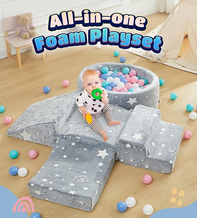 Foam Climbing Blocks with Ball Pit Designed for Toddlers Aged 1-3 -Great for Indoor Crawling, Inside Foam Playground Set for Little Ones to Active Playing -(Balls NOT Included) Stars
