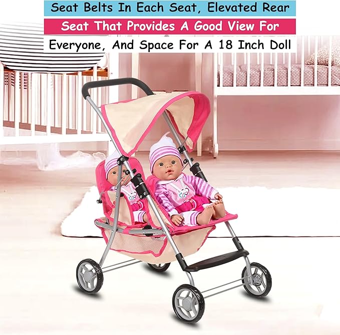 Fash n kolor, Twin Doll Double Stroller | Pink & Off-white Design Easy to Fold Double Stroller with Basket in The bottom