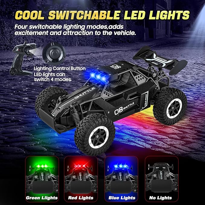 Remote Control Car for Kids 3 4 5 6 7+, 20 KM/H High-Speed RC Cars with LED Lights, 2.4GHz 2WD Monster Truck Toys, Rechargeable RC Car, Toy Cars for Girls Boys, Christmas & Birthday GiftsâBlack