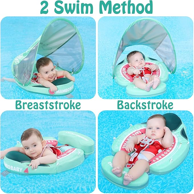 Mambobaby Float Add Tail Baby Swim Float with Canopy Solid Pool Infant Swim Trainer Swimming Training Lying Air Free Water Floats Non-Inflatable Waist Swim Ring for Toddlers (Watermelon)