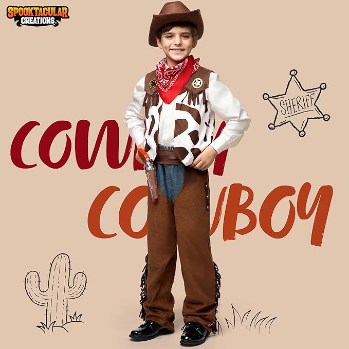 Spooktacular Creations Halloween Cowboy Costume for Boys, Kids White Brown Western Costume, Deluxe Cowboy Outfit Set with Hat for Toddler Halloween Dress-up, RolePlay Themed Party (3T, 3-4 yrs)