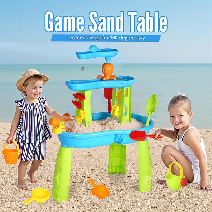Hugut 2025 Upgraded 3-Tier Sand Water Table with Umbrella – Outdoor Backyard Sensory Activity Table for Kids, Perfect for Boys and Girls Summer Fun