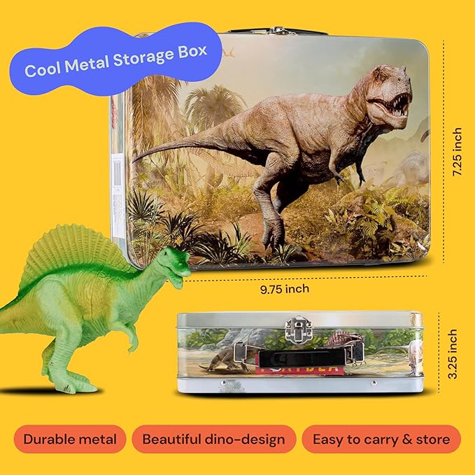 PLAYVIBE Dinosaur Toys for Kids - 12 Realistic Small Dinosaur Figures with Metal Storage Box & Soft Dino for Boys and Girls 3-7 Years - Spinosaurus Toddler Toys