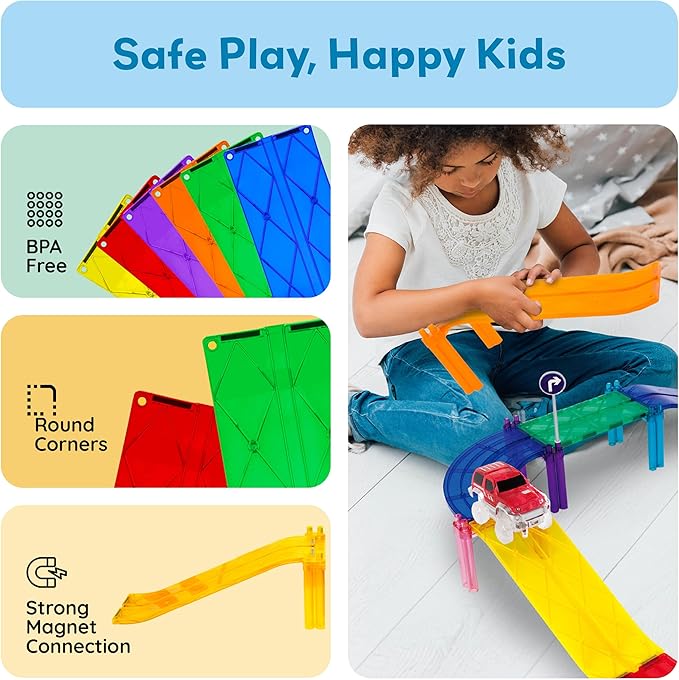 PicassoTiles 6 Piece Race Track Ramp Magnetic Building Block Set Magnet Tiles Construction Toy STEM Learning Kit Education Playset Playboard Pretend Play Stacking Blocks Child Brain Development PTR06