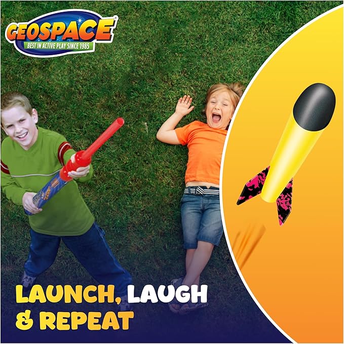 Geospace Hand Held Pump Rocket Mini Size (Single Pump) – Flying Foam Rockets Outdoor Toys for Kids, Boys & Girls – 19" Rocket Set – Hand Stomper Rockets Toy - Cool Toys for Fun