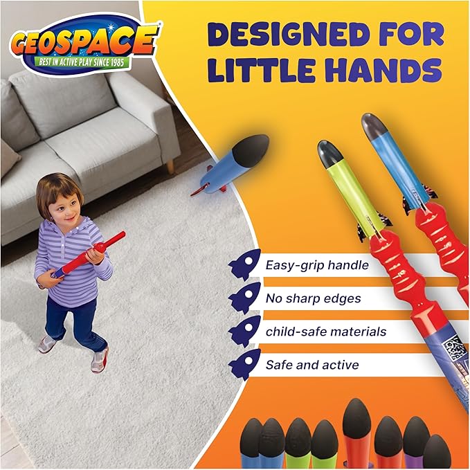 Geospace Hand Held Pump Rocket Combo Battle Pack – Flying Foam Rockets Outdoor Toys for Kids, Boys & Girls – 19" Set with 2 Launchers & 10 Rockets Set – Hand Stomper Rocket Toy - Cool Toys for Fun