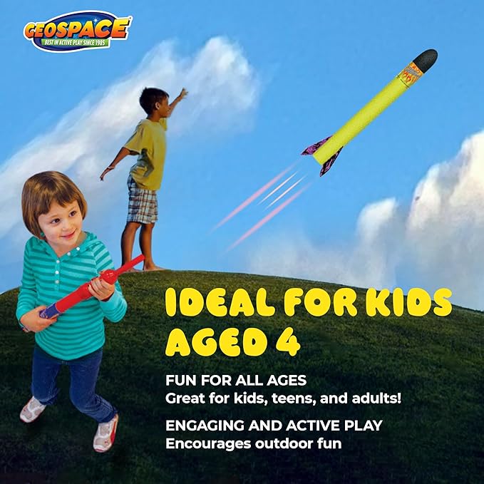 Geospace Hand Held Pump Rocket Medium Size Set - 30" Long Single Launcher & Rockets for Outdoor or Indoor Safe Play for Kids (Single Pump Rocket Jr.)