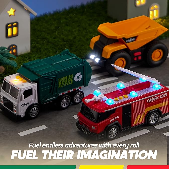3-Pack Utility Trucks Toy Set – Friction Powered Garbage Truck, Fire and Construction Vehicle with Lights and Sounds – Educational Gift for Boys, Ideal for Kids Toddler