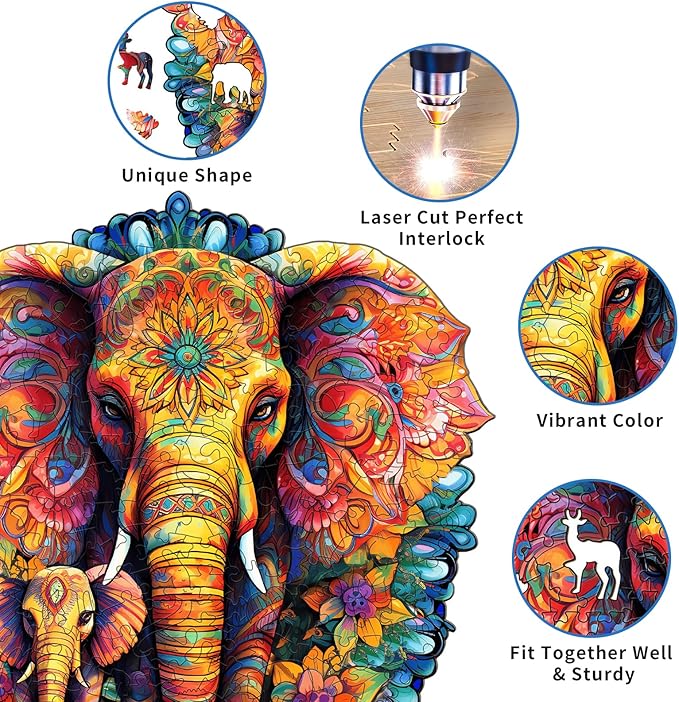 Wooden Puzzles for Adults, Mandala Elephant (M-200pcs) Wooden Jigsaw Puzzles Kids, 9.6 * 9.3in Unique Shaped Animal Wood Puzzles Adults, Fathers Birthday Family Games