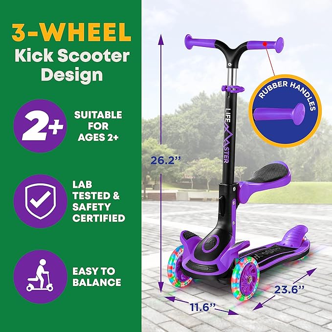 Kids Scooter – Foldable Seat – LED Wheel Lights Illuminate When Rolling – Children and Toddler 3 Wheel Kick Scooter – Adjustable Handlebar – Indoor and Outdoor- by Lifemaster