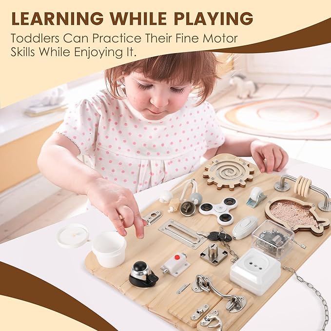 Wooden Montessori Busy Board for 1 2 3 4 Year Old, Montessori Sensory Activity Board Toys for Kids Toddler Baby Boys Girls, for Autism & ADHD Motor Skills