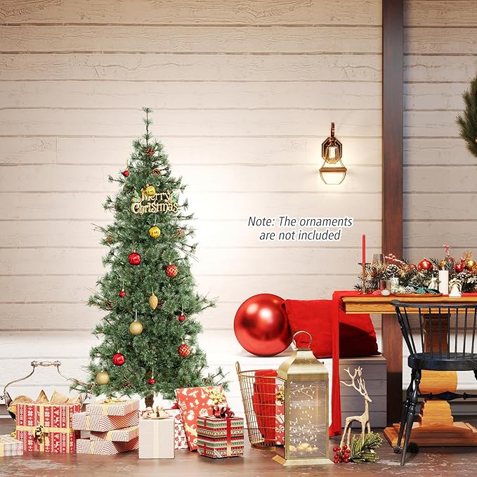 GOFLAME 6FT Pre-lit Christmas Tree, Artificial Xmas Tree with 200 Warm White LED Lights, 370 Branch Tips, Withered Branches, Pine Needles & 22 Pine Cones, Holiday Decoration Tree for Home Party