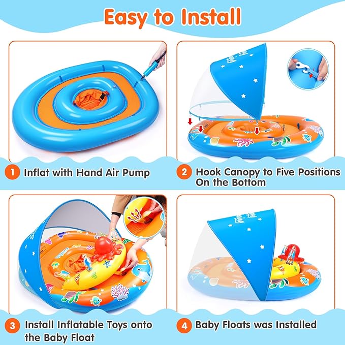 EZIGO Baby Pool Float with Canopy UPF 50+ Sun Protection, Double Air Chambers Infants Swimming Floats with Sound Toys Adjustable Safety Seat Toddler Float for Boys and Girls 6-36 Months