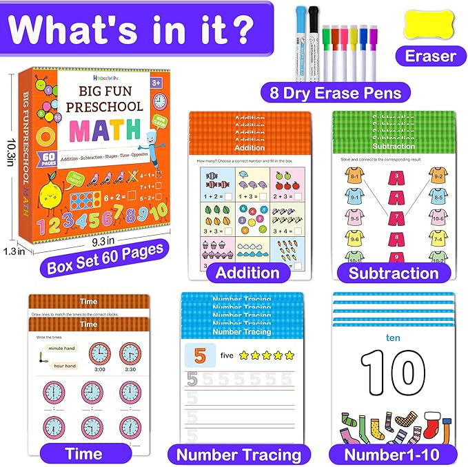 Preschool Learning Activities Math Workbook - Reusable 60 Pages Tracing Books for Kids Ages 3-5, Number, Addition & Subtraction | Fine Motor Skills Learning Toys for Toddlers 2-4 Years Old