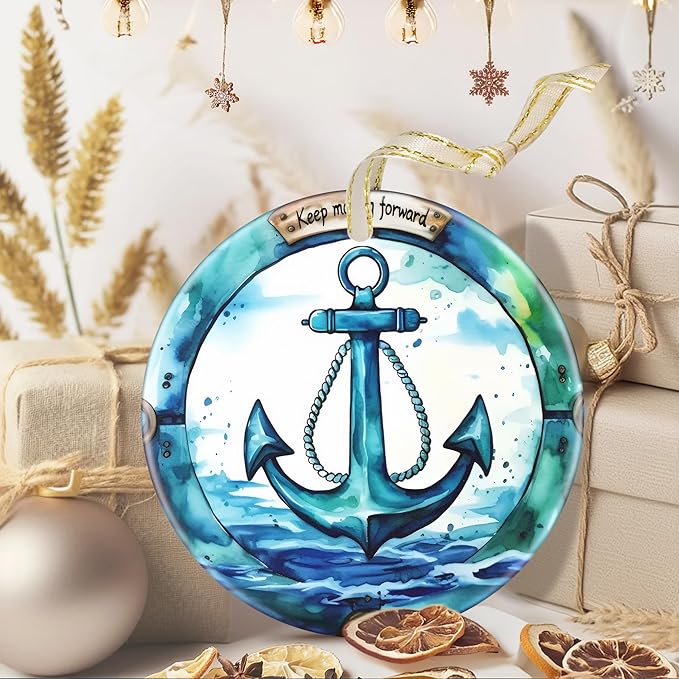 3.5 Inch Ceramic Christmas Tree Ornament, Ocean Anchor Christmas Ornaments, Heirloom Keepsake, Gift Exchange, Gift Idea, Bauble Present