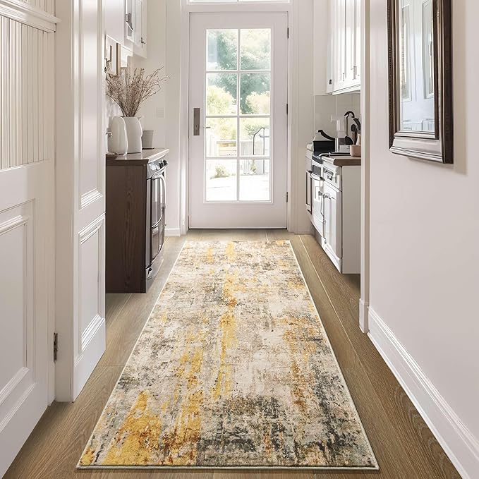 2x6 Beige Rug Runners for Hallways Kitchen Runner Rug Non Slip Washable Tan Long Runner Rugs with Rubber Backing Soft Abstract Carpet Runner for Bedroom, Kitchen, Bathroom, Entryway