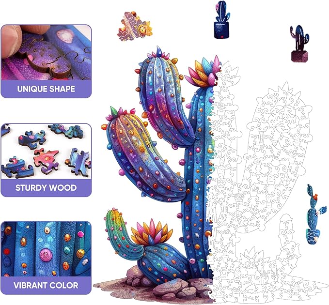 Wooden Puzzles for Adults,Cactus Wooden Jigsaw Puzzles 500pcs,16.8x18.5in,Royal,Unique Shape Adult Puzzles,Irregular Wood Puzzles Creative Gift for Adults and Kids Family Game