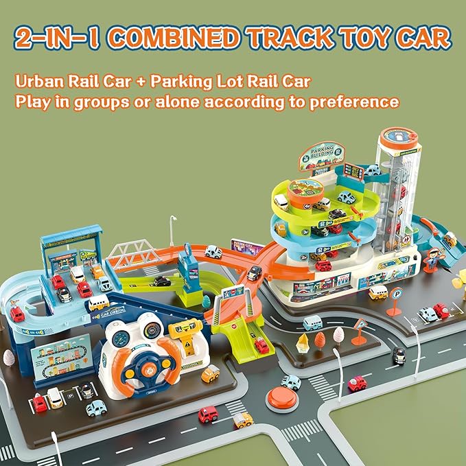 Fisca 2-in-1 Race Car Tracks PlaySet for Kids, Toy Car Ramp Track and Lifting Parking Lot, Dual Mode Toddler Car Track Toy Playset with 6 Cars, Automatic Rotary Elevator, Steering Wheel Music Driving
