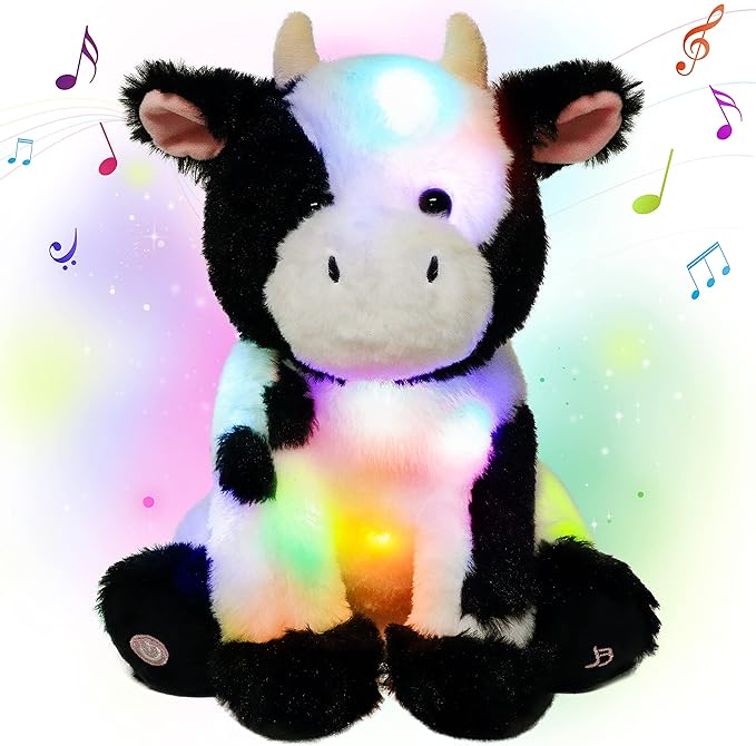 Cuteoy Cow LED Musical Stuffed Animal Light-up Singing Plush Adjustable Volume Lullaby Plushies Birthday Christmas Toy Gifts for Kids Toddler Girls, 13"