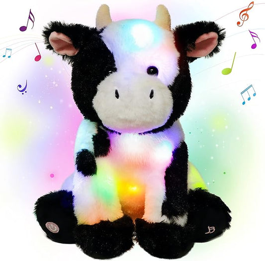 Cuteoy Cow LED Musical Stuffed Animal Light-up Singing Plush Adjustable Volume Lullaby Plushies Birthday Christmas Toy Gifts for Kids Toddler Girls, 13"