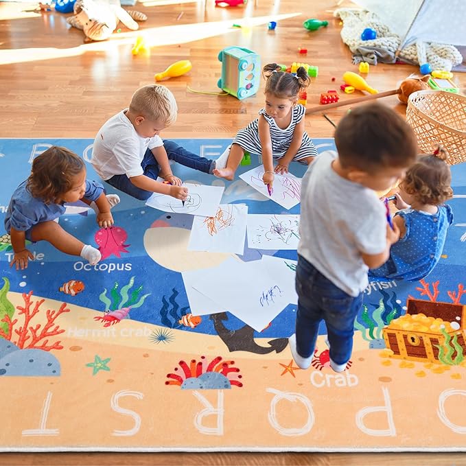 Kids Rugs for Playroom,78.7"X59" ABC Alphabet Whale Kids Rug,Non-Slip Ocean Kids Rug Play Mat,Washable Educational Classroom Rug Kids Area Carpet for Kids Room Bedroom Nursery Playroom