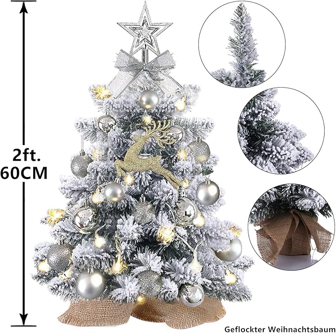 Mini Christmas Tree with Lights,24In/2ft Snow Flocked Pre-lit Tabletop Christmas Tree with 19 Decorations,Artificial Small DIY Decor for Table Desk Home