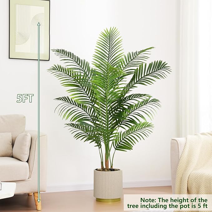 2 Pack Artificial Palm Tree Indoor Plant 5FT Tall Fake Tropical Palm Tree in Pot, Real Bark Design Faux Areca Palm Tree for Home Office Living Room Bedroom Farmhouse Modern Outdoor Topiary Tree