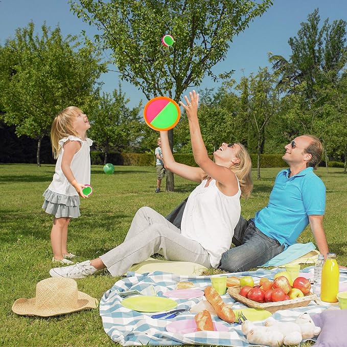 Kids Outdoor Toys - Toss and Catch Game Set, Outside Yard Camping Beach Pool Toys Games for Boys Girls 3 4 5 6 7 8 9 10 Year Old, 4 Paddles 4 Balls (Blue+Orange)