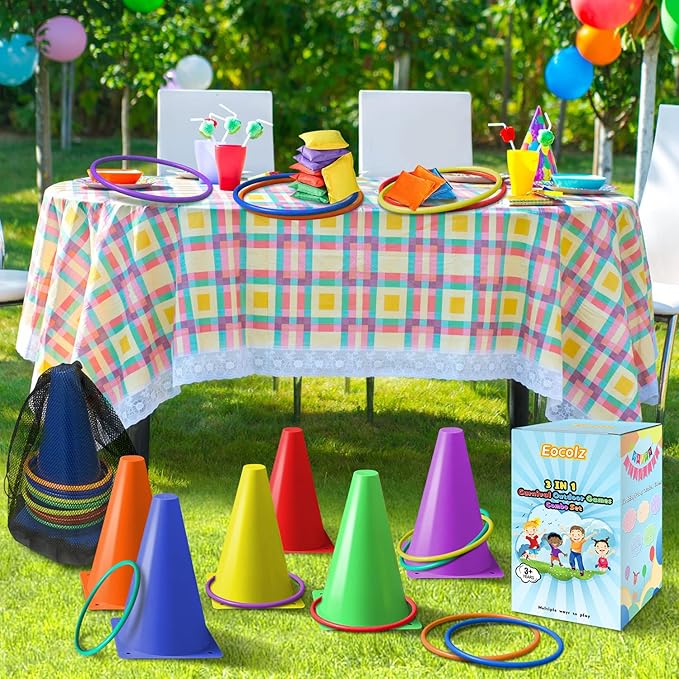 Eocolz 3 in 1 Carnival Games Set, Soft Plastic Cones Bean Bags Ring Toss Games for Kids Birthday Party Outdoor Games Supplies Combo Set