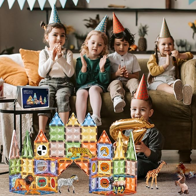 Magnetic Tiles Toys with Farm Animals Magnet Tile Building Blocks with 7 Farmyard Animals Character with Lighting Effect Construction Sensory Toys Preschool Gift for Kids Boys Girls 3 4 5 6 7 8 Years+