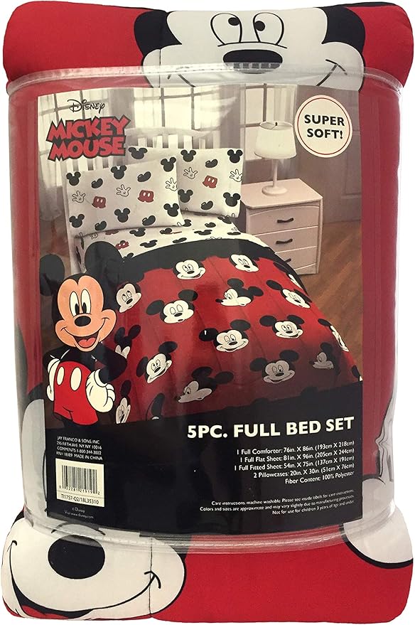 Jay Franco Disney Mickey Mouse Cute Faces 5 Piece Full Bed Set - Includes Comforter & Sheet Set - Super Soft Fade Resistant Polyester - (Official Disney Product)
