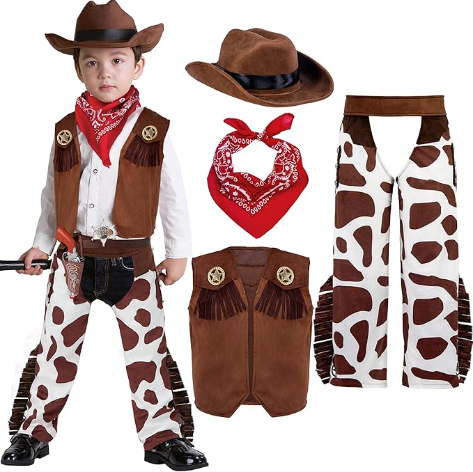 Spooktacular Creations Halloween Cowboy Costume for Boys, Kids Brown White Western Costume, Deluxe Cowboy Outfit Set with Hat for Toddler Halloween Dress-up, RolePlay Themed Party (Large, 10-12 yrs)