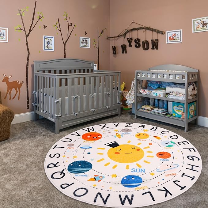 ABC Kids Rug,5.2 ft Washable Nursery Rug,Soft Plush Educational Circle Rug,Non-Slip Solar System Alphabet Rug for Classroom playroom Bedroom Kids Room Decor