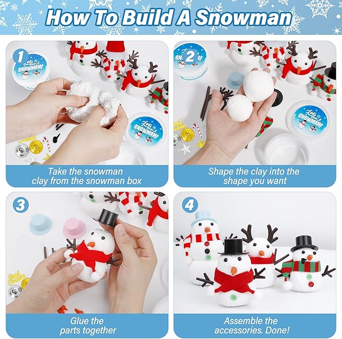 48 Pack Snowman Kit, Christmas Crafts DIY Toys Kit, Build a Snowman Craft Winter Decorations Indoor, Creative Air Dry Clay Modeling Crafts, Christmas Activities School Family Party Supplies