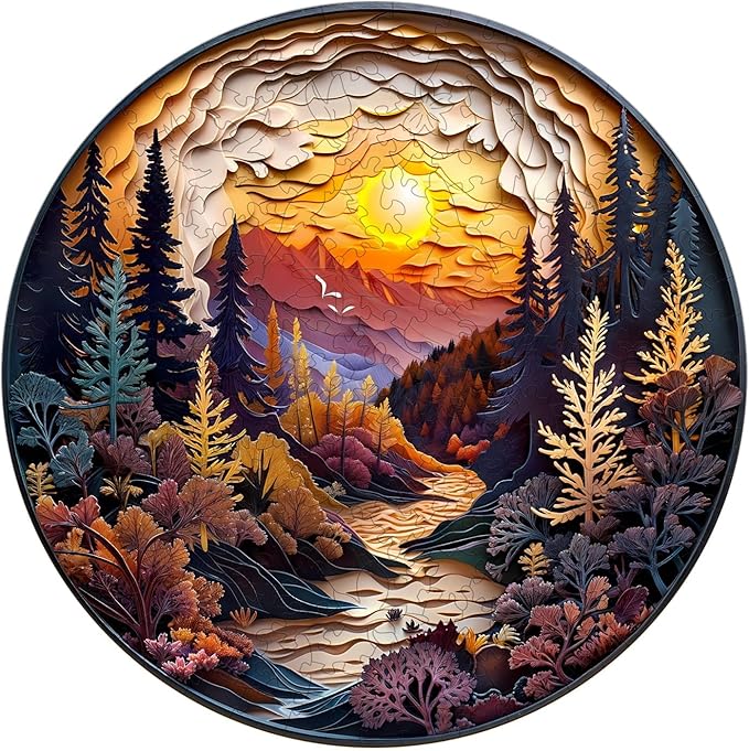 Wooden Puzzles for Adults, 3D Sunset Forest (M-200pcs) Wooden Jigsaw Puzzles Kids, 11.4 * 11.4in Unique Shaped Animal Wood Puzzles, 3D Vision Flat Puzzle Family Games