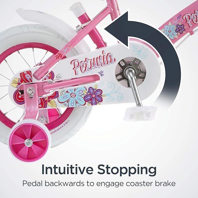 Schwinn Grit and Petunia Push Steer and Ride Kids Bike, For Boys & Girls Ages 2-4 Year Old, Rider Height 28-38 Inch,12-Inch Wheels, Training Wheels, Detachable Push Handle with Water Bottle & Holder