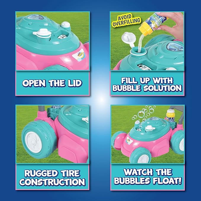 Sunny Days Entertainment Maxx Bubbles Deluxe Bubble Lawn Mower Toy – Includes 4oz Bubble Solution | Outdoor Bubble Machine for Kids | Easy to Use, No Batteries Required | Amazon Exclusive, Pink
