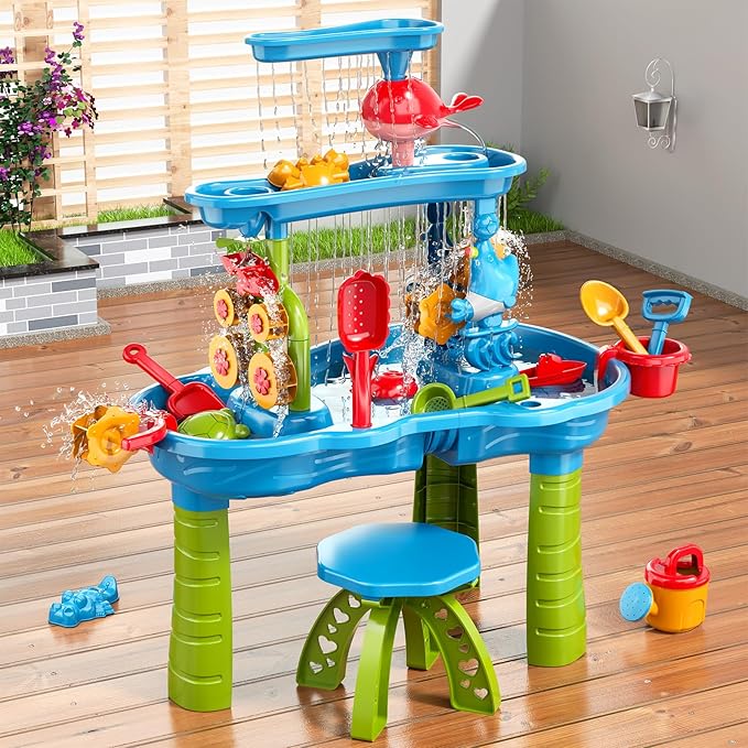 3-Tier Water Table for Kids Ages 3-5 4-8, Toddlers Outdoor Summer Water Table Beach Toys, Kids Activity Sensory Table Toddler Sand Box Play Table with Rain Showers Splash Pond for Boys Girls