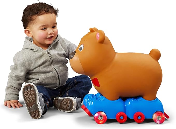 Kid Trax Silly Skaters Bear Toddler Foot to Floor Ride On Toy, Kids 1-3 Years Old, Soft and Inflatable, Single Rider, Light Up LED Rollerskates, Brown