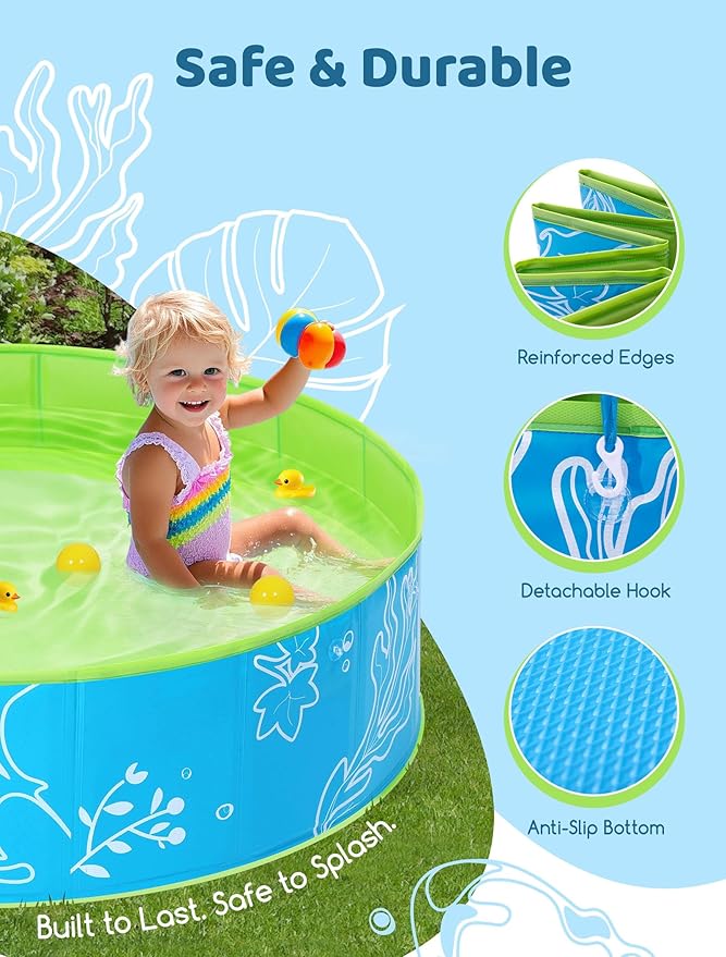 Foldable Kiddie Pool with Canopy: 47in Baby Pool and Beach Tent for Toddlers Infants 6-12 Months and Kids 2-4 Years Old - Portable Water Play with Shade for Outdoor Backyard Beach (Blue-Green)