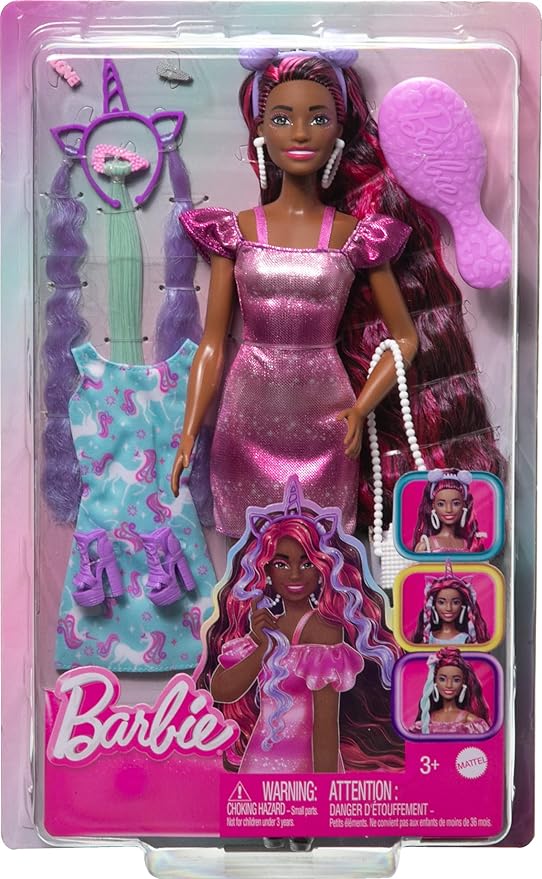 Barbie Doll, Fun & Fancy Hair with Extra-Long Colorful Black Hair and Shimmery Pink Dress, 10 Fashion Play Accessories