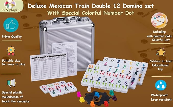 Smilejoy Double 12 Colorful Number Dot Dominoes, Mexican Train Domino Game Double Twelve Domino Set with Aluminum Case, 91 Tiles,(2-9 Players)